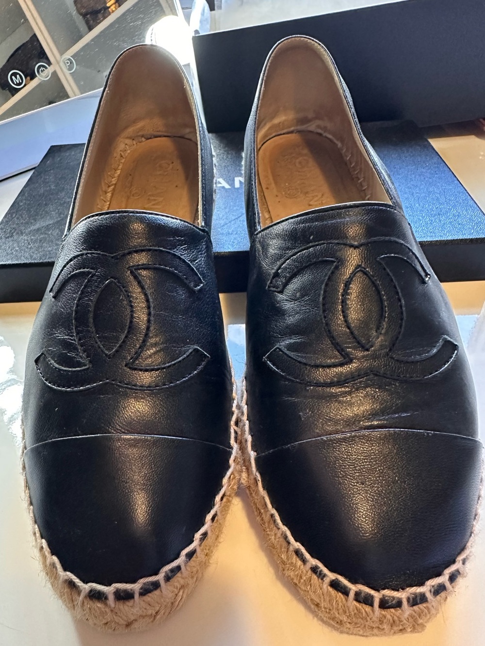 CHANEL Black Leather Espadrille Flats with Interlocked CC